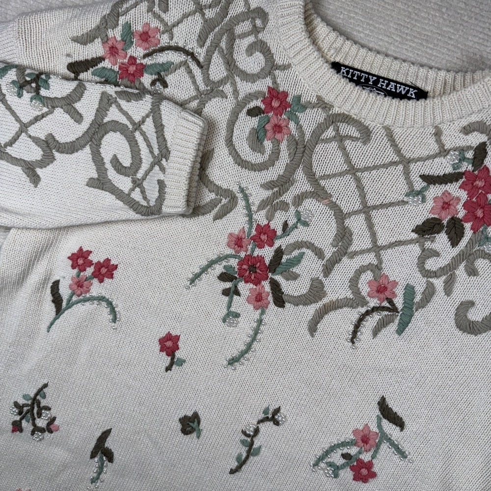 Kitty Hawk Sweater Women L Ivory Floral Embroidered Beaded Vintage Ramie Cotton‎